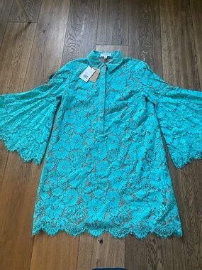Michael Kors AQUA Lace Bell-Sleeve Shift Dress